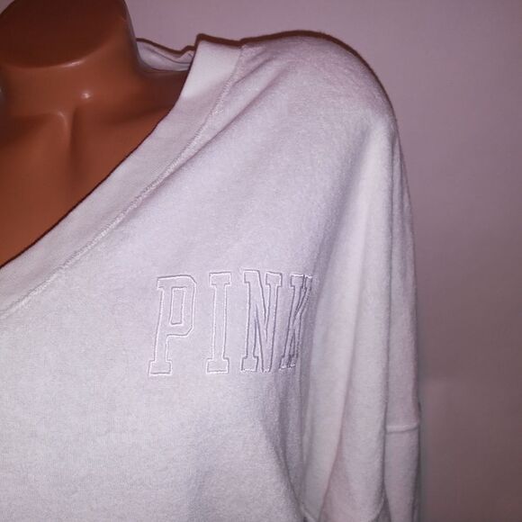 Victoria Secret PINK Sweater XL Terry Cloth Logo White Solid Long Sleeve V Neck - Picture 4 of 9
